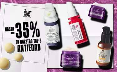 Anuncio de Kiehl's con hasta -35% de descuento en su top 5 de productos antiedad favoritos, como cremas y serums.