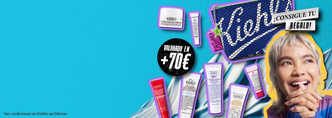 Regalo Kiehl's valorado en mas de 70 €: neceser y minitallas de cuidado facial junto a una mujer sonriente.