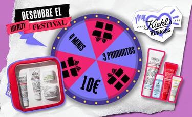 Imagen promocional con productos de cuidado de la piel de Kiehl's, una ruleta con premios y texto que destaca ofertas de 10€, 4 minitallas y 3 productos.