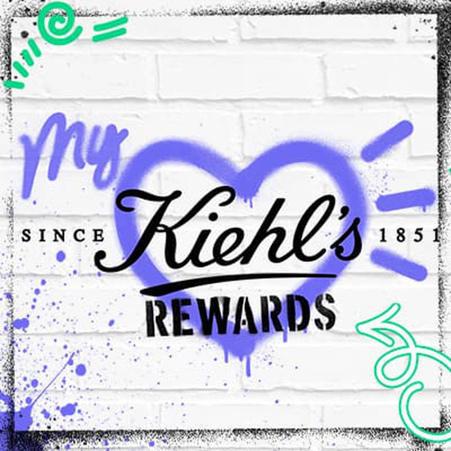 Fondo blanco de ladrillos con el logo de Kiehl's y el texto "My Kiehl's Rewards" en letras negras y moradas.