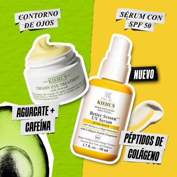 Avocado Eye Cream con aguacate y cafeina, y Better Screen UV Serum SPF 50 con peptidos de colageno. Nuevo de Kiehl's.