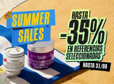 Banner Summer Sales de Kiehl's con productos sobre toalla de playa y descuento de hasta el 35%.