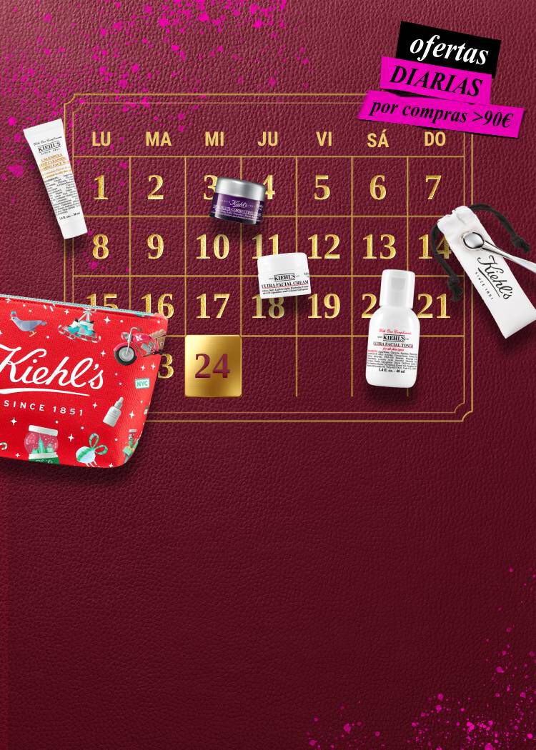 Calendario de Adviento de Kiehl's con productos de cuidado facial y ofertas diarias por compras superiores a 90€.