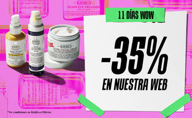 Cartel publicitario de Kiehl's: -35% de descuento en la web por los "11 Dias Wow", destacando productos de tratamiento con retinol, proteccion solar y crema hidratante.