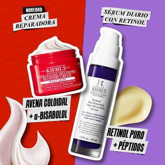 Crema reparadora Ultra Facial Meltdown y Serum con Retinol diario de Kiehl's con sus texturas e ingredientes.