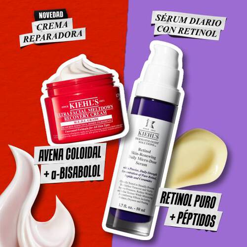 Crema reparadora Ultra Facial Meltdown y Serum con Retinol diario de Kiehl's con sus texturas e ingredientes.