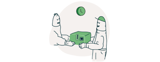 Dos personajes ilustrados, uno con un gorra y otro sin, estan intercambiando una caja verde, mientras un reloj se muestra en la parte superior.