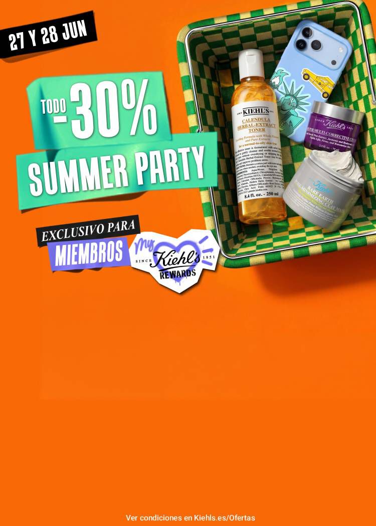 Cesta con productos Kiehl's y cartel: "27-28 junio Summer Party -30% Dto en web y tiendas para miembros My Kiehl's Rewards".