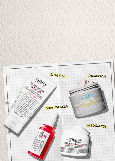 Rutina de cuidado facial Kiehl's sobre un fondo de libreta cuadriculada con cuatro pasos clave: Limpia con Ultra Facial Cleanser, Purifica con Rare Earth Clay Mask, Revitaliza con serum y Hidrata con Ultra Facial Cream