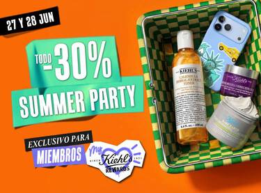 Cesta con productos Kiehl's y cartel: "27-28 junio Summer Party -30% Dto en web y tiendas para miembros My Kiehl's Rewards".