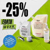 Promocion de Earth Week de Kiehl's mostrando productos Ultra Facial Cream y Creme de Corps en formato refill con regalo de botella reutilizable.
