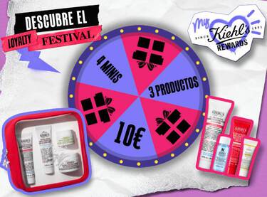 Imagen promocional con productos de cuidado de la piel de Kiehl's, una ruleta con premios y texto que destaca ofertas de 10€, 4 minitallas y 3 productos.