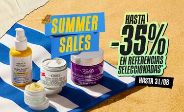 Banner Summer Sales de Kiehl's con productos sobre toalla de playa y descuento de hasta el 35%.