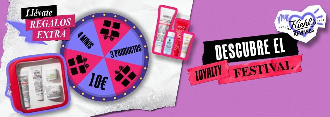 Ruleta de My Kiehl's Rewards con neceser, minitallas y descuentos para el Loyalty Festival.
