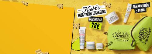 Travel Essentials Kit de Kiehl's: set de viaje facial tamano avion (<100ml) con neceser verde, valorado en 75€.