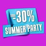 Cesta con cremas Kiehl's, gafas amarillas y cartel de oferta: "29-8 julio Summer Party -30% Dto". Fondo morado brillante.