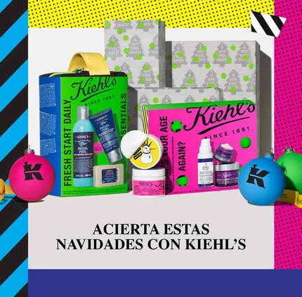 Alt text: Varios productos de Kiehl's en un diseno festivo que incluye cajas de regalo y ornamentos coloridos con el texto "Acierta estas navidades con Kiehl's".