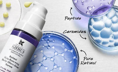 Frasco de suero facial Kiehl's con retinol, rodeado de circulos con peptidos, ceramidas y retinol puro.