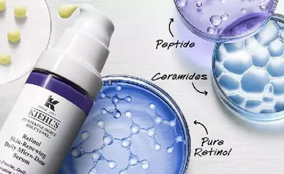 Frasco de suero facial Kiehl's con retinol, rodeado de circulos con peptidos, ceramidas y retinol puro.