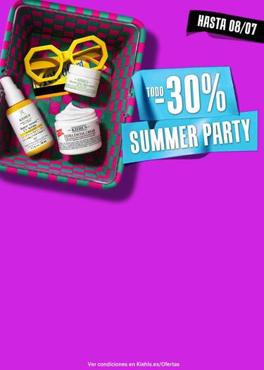 Cesta con cremas Kiehl's, gafas amarillas y cartel de oferta: "29-8 julio Summer Party -30% Dto". Fondo morado brillante.