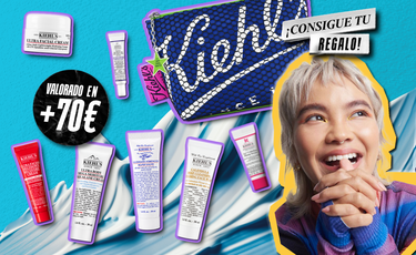 Regalo Kiehl's valorado en mas de 70 €: neceser y minitallas de cuidado facial junto a una mujer sonriente.