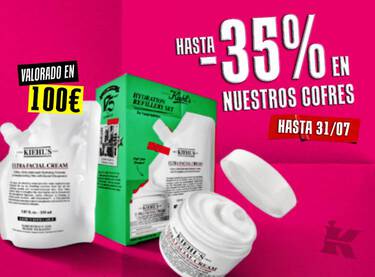 Cofre de hidratacion Ultra Facial de Kiehl's con anuncio de hasta el 35% de descuento en cofres de la marca.