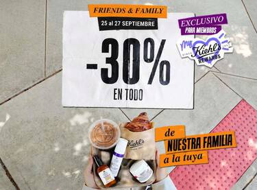 Manos con productos Kiehl's. Oferta exclusiva -30% para miembros My Kiehl's Rewards (25-27 sept). "De nuestra familia a la tuya".
