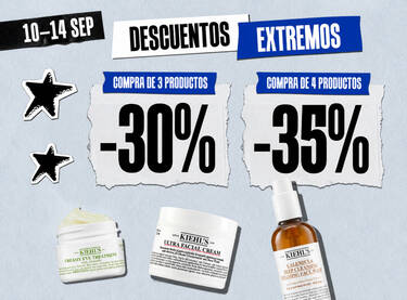 Promocion de Kiehl's: descuento del 30% por comprar 3 productos y del 35% por comprar 4, del 10 al 14 de septiembre.