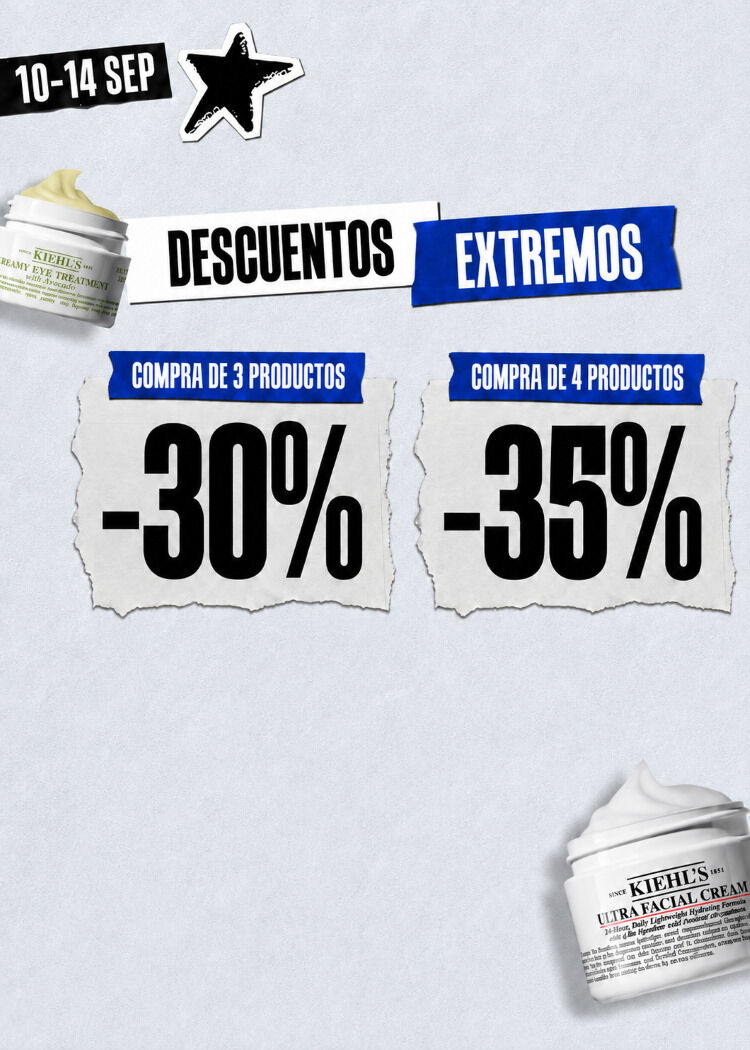 Promocion de Kiehl's: descuento del 30% por comprar 3 productos y del 35% por comprar 4, del 10 al 14 de septiembre.