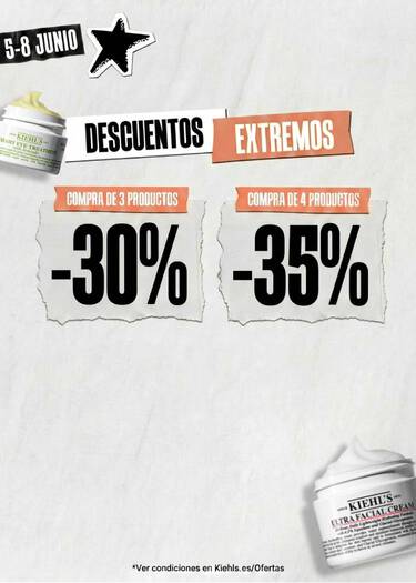 Promocion de Kiehl's: descuento del 30% por comprar 3 productos y del 35% por comprar 4, del 5 al 8 de junio.