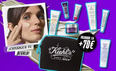 Neceser negro Kiehl's y minitallas de regalo valoradas en mas de 70 € junto a modelo aplicando crema.