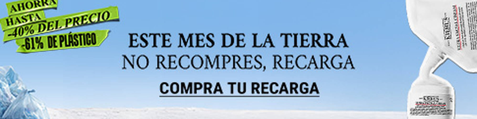 Publicidad que promueve la recarga de productos para reducir el uso de plastico, destacando descuentos especiales.