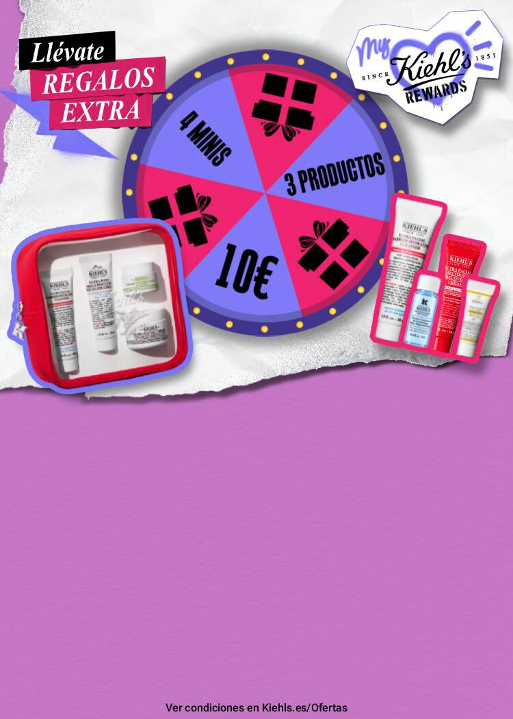 Imagen promocional con productos de cuidado de la piel de Kiehl's, una ruleta con premios y texto que destaca ofertas de 10€, 4 minitallas y 3 productos.