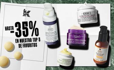 Anuncio de Kiehl's con hasta -35% de descuento en su top 5 de productos favoritos, como cremas y serums.