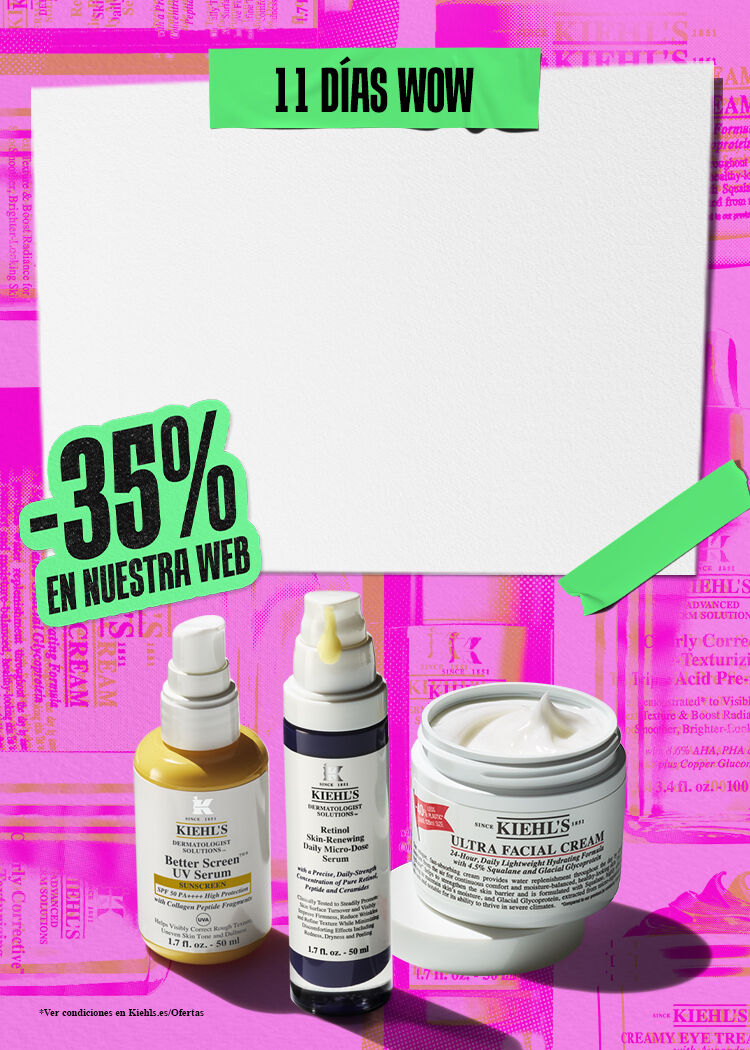 Cartel publicitario de Kiehl's: -35% de descuento en la web por los "11 Dias Wow", destacando productos de tratamiento con retinol, proteccion solar y crema hidratante.