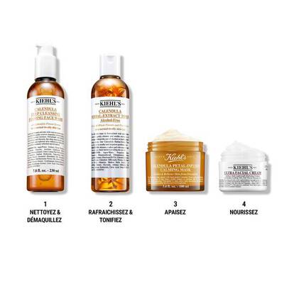Una imagen que muestra cuatro productos de cuidado facial de Kiehl's: un limpiador, un tonico, una mascarilla facial y una crema hidratante, todos con etiquetas en frances y numerados del 1 al 4.