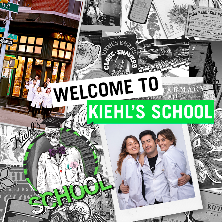 Texto alternativo: Collage que muestra a tres personas vestidas con batas de laboratorio en un ambiente relacionado con la escuela Kiehl's, junto a imagenes y graficos de productos.