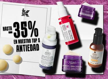Anuncio de Kiehl's con hasta -35% de descuento en su top 5 de productos antiedad favoritos, como cremas y serums.