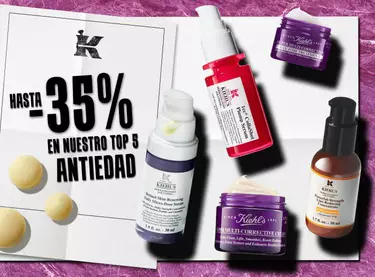 Anuncio de Kiehl's con hasta -35% de descuento en su top 5 de productos antiedad favoritos, como cremas y serums.