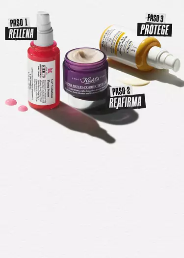 Rutina antiedad de Kiehl's en 3 pasos para rellenar, reafirmar y proteger la piel del rostro.
