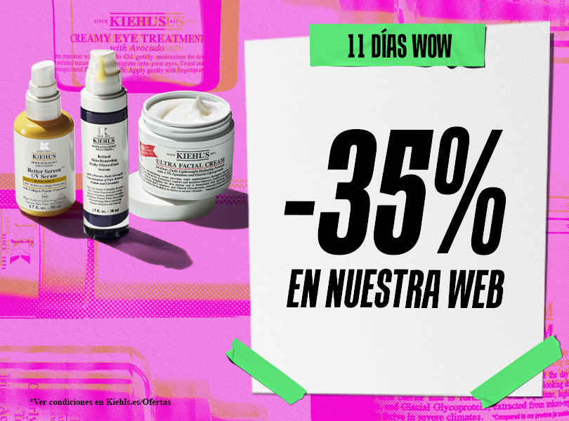 Cartel publicitario de Kiehl's: -35% de descuento en la web por los 11 Días Wow, destacando productos de tratamiento con retinol, protección solar y crema hidratante.