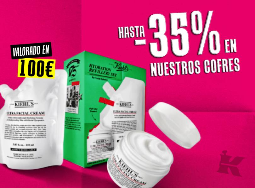 Cofre de hidratación Ultra Facial de Kiehl's con anuncio de hasta el 35% de descuento en cofres de la marca.
