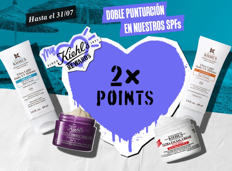 imagen promocional de Kiehl's con doble puntuación en protectores solares SPF hasta el 31/07. Fondo azul playa y textura.