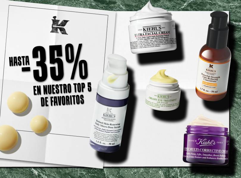 Anuncio de Kiehl's con hasta -35% de descuento en su top 5 de productos favoritos, como cremas y sérums.