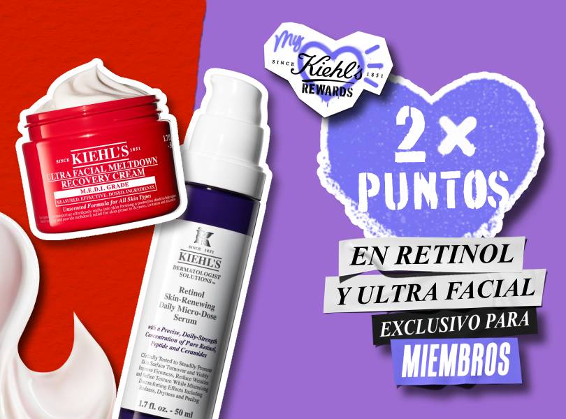 Promoción My Kiehl’s Rewards: doble de puntos en Retinol Serum y Ultra Facial Meltdown exclusiva para miembros.