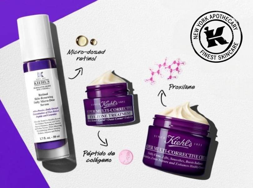 Productos Kiehl's: sérum Retinol Daily Micro-Dose y cremas Super Multi-Corrective, con micro-retinol, péptido y Proxilane.