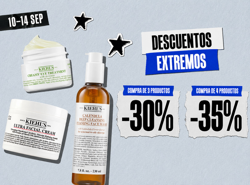 Promoción de Kiehl's: descuento del 30% por comprar 3 productos y del 35% por comprar 4, del 10 al 14 de septiembre.