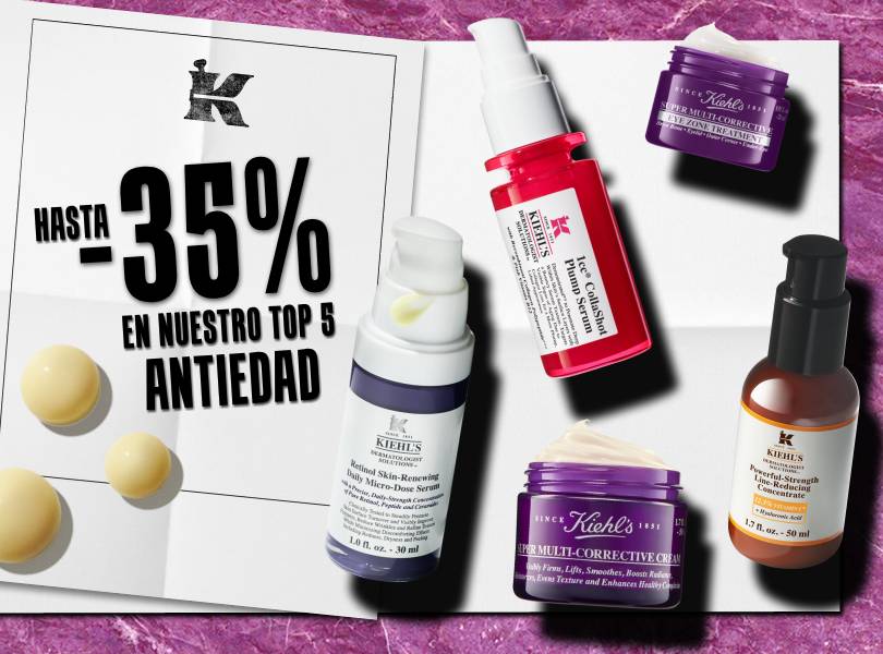 Anuncio de Kiehl's con hasta -35% de descuento en su top 5 de productos antiedad favoritos, como cremas y sérums.