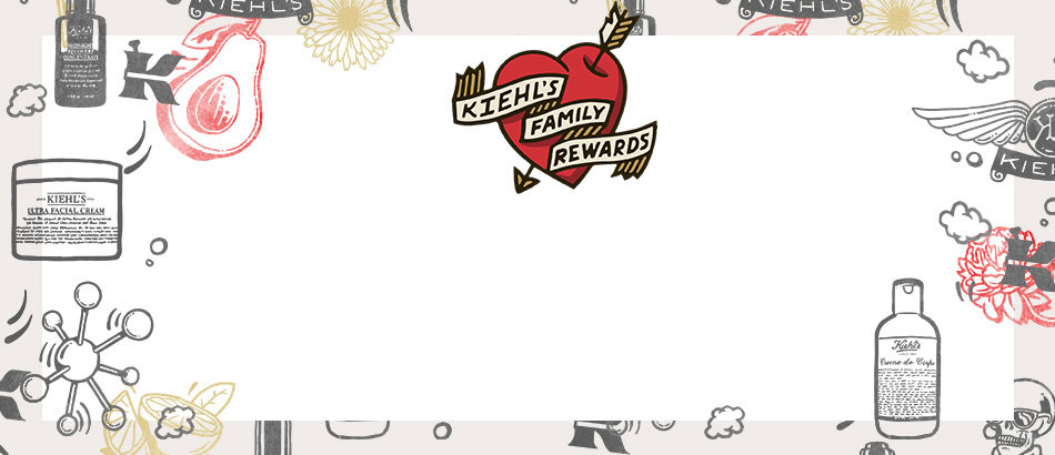 Fondo decorativo de Kiehl's con ilustraciones de productos y el logo de 'Family Rewards' en un marco colorido.