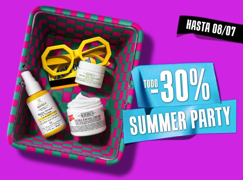 Cesta con cremas Kiehl's, gafas amarillas y cartel de oferta: 29-8 julio Summer Party -30% Dto. Fondo morado brillante.